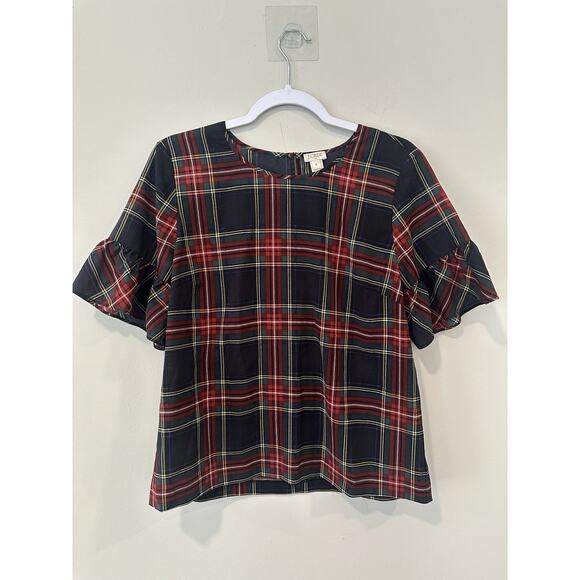 J.Crew Drapey Holiday Plaid Ruffle-Sleeve Top Size Medium 2170 - Picture 1 of 7